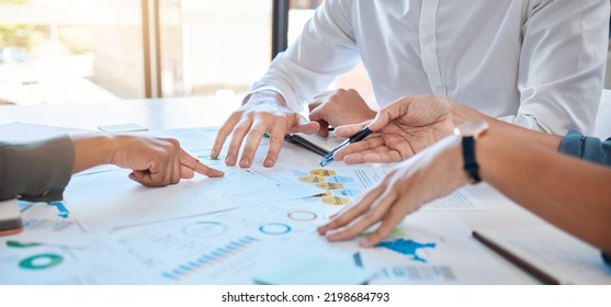 Business Planning Team, Collaboration And Marketing Analytics At A Creative Agency Or Company With Hands, Paperwork Closeup. Group Of Project Management People Discussion Of Finance, Chart And Graph