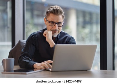 Business portrait - businessman using laptop computer in office, thinking. Happy middle aged man, entrepreneur working online.