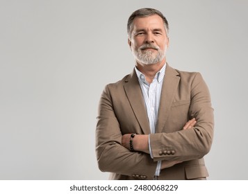 Business portrait of confident businessman. Entrepreneur in jacket smiling, Happy mid adult, mature age man standing, smiling, isolated on white background.