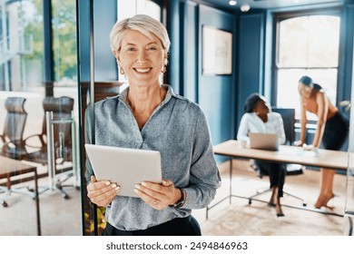 Business, portrait and mature woman with tablet in office for schedule, networking or review proposal. Online, face and employee for website, feedback or survey at financial consulting agency - Powered by Shutterstock