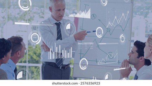Business presentation with data analytics image over diverse professionals in meeting. teamwork, collaboration, strategy, corporate, technology, office