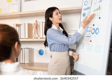 Business Presentation and Data Visualization. Professional woman explaining statistics in a meeting.