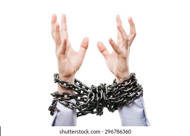 Business Problems And Failure At Work Concept - Businessman With Metal Chain Knot Tied Hands Raised Up For Rescue Help White Isolated