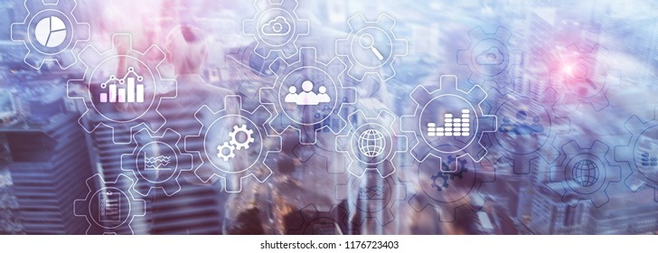 Business process abstract diagram with gears and icons. Workflow and automation technology concept.