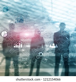 Business Process Abstract Diagram With Gears And Icons. Workflow And Automation Technology Concept.