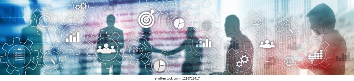 Business process abstract diagram with gears and icons. Workflow and automation technology concept. Website header banner.