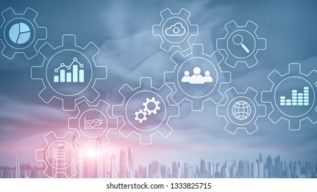 Business Process Abstract Diagram With Gears And Icons. Workflow And Automation Technology Concept.