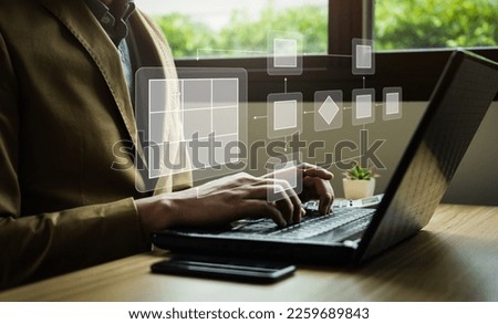 Business process and Automate workflows with flowcharts Business process management, business hierarchy The relationship of positional order and algorithm with a flowchart on a computer screen