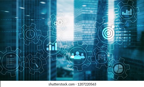 Business process automation concept. Gears and icons on abstract background.