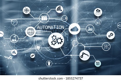 Business process automation concept on blurred network cabinets. New project 2020.