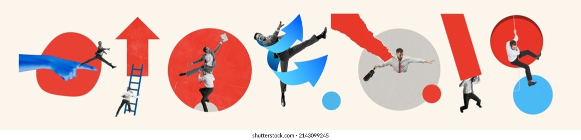 Business process. Contemporary art collage made of shots of young men and women, managers working hardly isolated over white background, Concept of art, finance, career, co-workers, team. Flyer