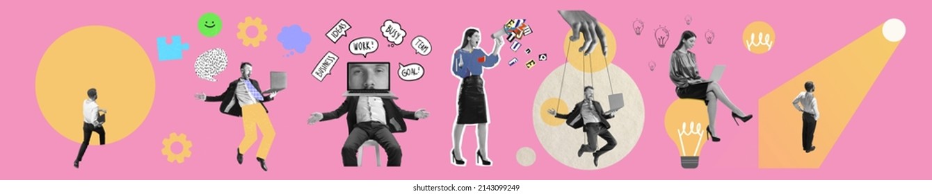 Business process. Contemporary art collage made of shots of young men and women, managers working hardly isolated over pink background, Concept of art, finance, career, co-workers, team. Flyer - Shutterstock ID 2143099249