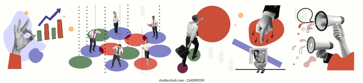 Business process. Contemporary art collage made of shots of young men and women, managers working hardly isolated over white background, Concept of art, finance, career, co-workers, team. Flyer - Shutterstock ID 2143099259
