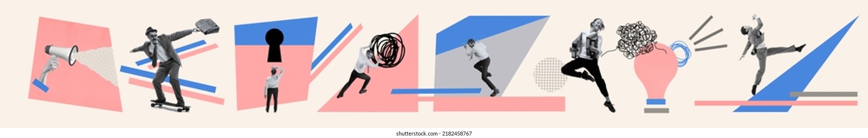 Business process. Contemporary art collage made of shots of young men and women, managers working hardly isolated over white background, Concept of art, finance, career, co-workers, team. Flyer - Shutterstock ID 2182458767