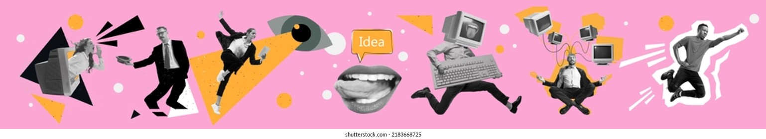 Business process  Contemporary art collage made shots young men   women  managers working hardly isolated over pink background  Concept art  finance  career  co  workers  team  Flyer
