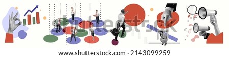 Business process. Contemporary art collage made of shots of young men and women, managers working hardly isolated over white background, Concept of art, finance, career, co-workers, team. Flyer