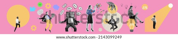 Business process. Contemporary art collage made of\
shots of young men and women, managers working hardly isolated over\
pink background, Concept of art, finance, career, co-workers, team.\
Flyer