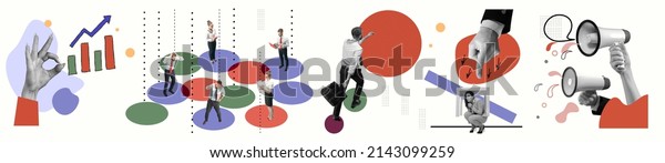 Business process. Contemporary art collage made of\
shots of young men and women, managers working hardly isolated over\
white background, Concept of art, finance, career, co-workers,\
team. Flyer