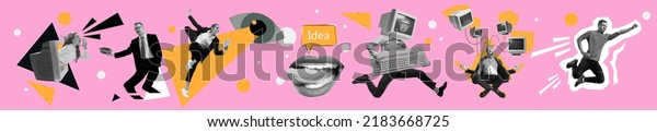 Business process. Contemporary art collage made of
shots of young men and women, managers working hardly isolated over
pink background, Concept of art, finance, career, co-workers, team.
Flyer