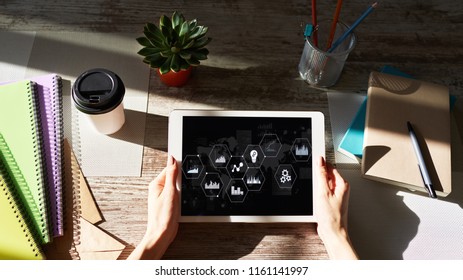 Business process control panel and data analysing monitor with chart and diagrams on device screen. Innovation and automation concept.