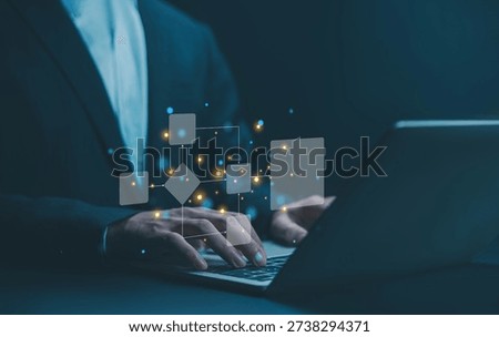 business process and data management organization chart, design workflow automation with flowcharts in computer or a laptop. diagram algorithm flow, model work structure digital