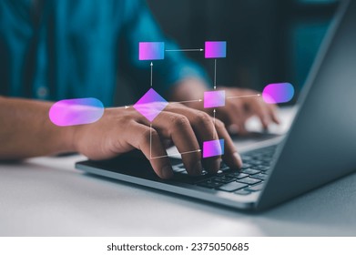 Business process with flowchart, implement and improve, business structure, process workflow. Software development flowchart diagram for business. Distributed version control. Workflow automation.