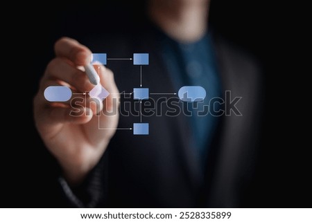 business process flowchart, implement and improve computer analysis for process and workflow automation with flowchart, a businessman in background