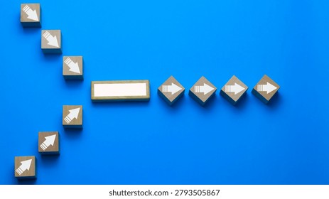 Business process improvement and workflow optimization concept with directional arrows changing course toward a unified path. Symbolizing strategy, transformation, decision making, efficiency and growth.