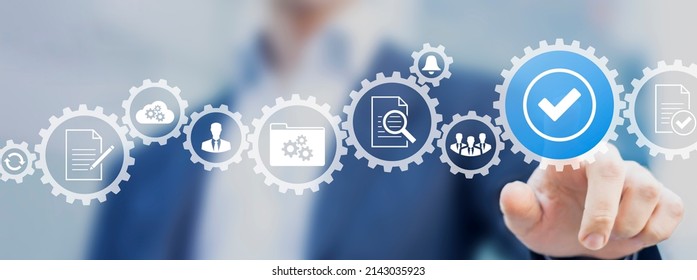 Business process management and automation with person validating document in workflow. Digital transformation, BPM and RPA to increase efficiency and productivity at work. - Shutterstock ID 2143035923