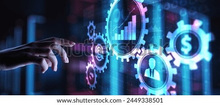 Business process management, automation workflow, document validation, connected gear cogs with icons, technology concept.