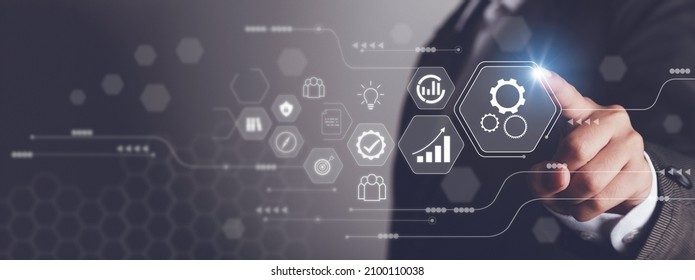 Business Process Management Concept. Businessman Touch On Virtual Innovation Operations Management Gears Icons, High Quality Control , Problem Solving, Workflow, Monitoring And Innovation.