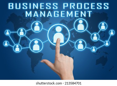 Business Process Management Concept With Hand Pressing Social Icons On Blue World Map Background.