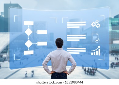 Business process management with flowchart to improve efficiency and productivity. Manager analysing workflow on computer screen to implement robotic automation (RPA)