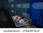 Business process management using flowchart swimlane diagram. Concept with manager using computer to map activities and responsibilities to automate workflow. Corporate organization and strategy.