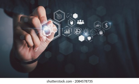 Business Process Objectives,innovation Operations Management, Process And Problem Solving,Workflow, Analysis Concept. Businessman Writes Plans On A Virtual Screen Using A Digital Pen. 