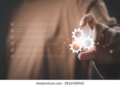 Business process optimization and workflow management concept with checklist and gear icons. Operational efficiency, task automation, quality control, productivity improvement and process excellence.