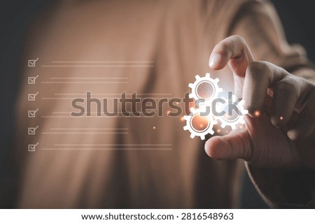 Business process optimization and workflow management concept with checklist and gear icons. Operational efficiency, task automation, quality control, productivity improvement and process excellence.