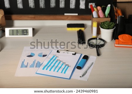 Business process planning and optimization. Workplace with different graphs and other stationery on wooden table
