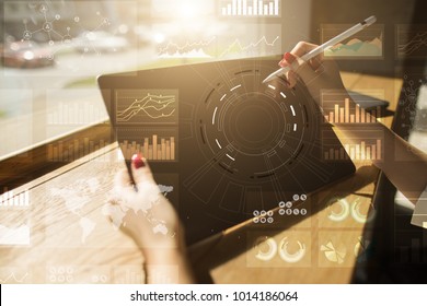 Business Process And Strategy On Virtual Screen. Data Analysis. Workflow.
