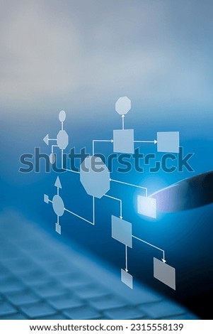 Business process and workflow automation with flowchart, businessman in background, vertical