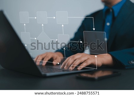 Business process and workflow automation with flowchart. Scheme of hierarchy management of corporate and processing management.