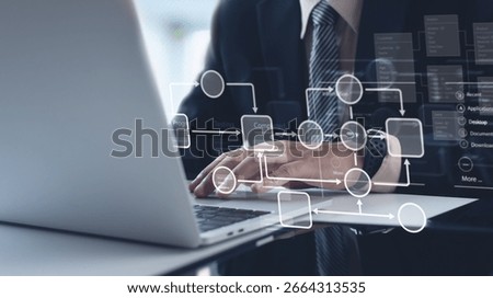 Business process, workflow automation with flowchart. Document management system framework, Enterprise content management, Businessman managing file data, workflow for business development