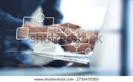 Business process, workflow automation with flowchart. Document management system framework, Enterprise content management, Working on laptop managing file data, workflow for business development