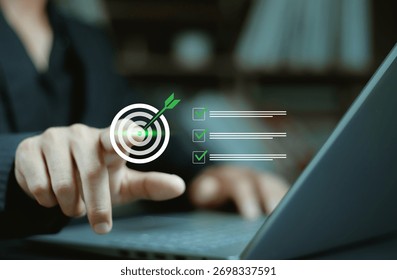 Business process and workflow development. Target goal icon with correct checklist on virtual screen. Business strategy planning and quality management concept. Quality control assessment. - Powered by Shutterstock - Get 15% off with code: PIKWIZARD15