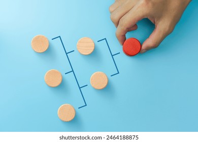 Business process, Workflow, Flowchart, Process Concept with Businessman hand holding red wooden blocks on blue background