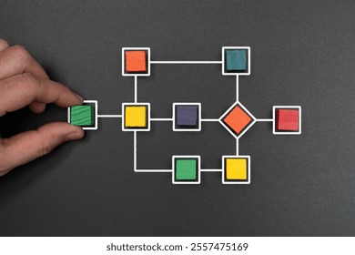 Business process and workflow with flowchart write on blackboard, and multicolor wooden cubes fill in some of the squares. Management and organization concept.