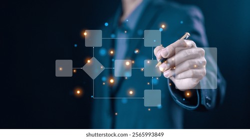 business processes and algorithm diagram flow on a computer laptop.  hierarchy scheme, data management organigram. concept of model work structure digital, design workflow automation with flowcharts