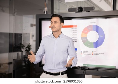 Business product manager presenting department work results, sales reports, financial analytics to colleagues behind camera, speaking at presentation board, giving training lecture