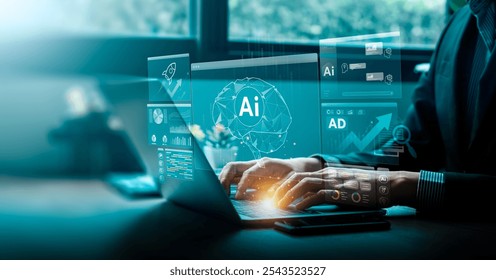 Business Professional Analyzing AI-Generated Data and Graphs on Laptop, Leveraging Advanced Technology for Digital Growth and Business Strategy, Digital Network for Business and Future Technology