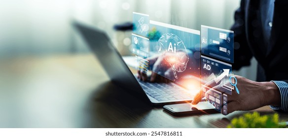 Business Professional Analyzing AI-Generated Data and Graphs on Laptop, Leveraging Advanced Technology for Digital Growth and Business Strategy, Digital Network for Business and Future Technology - Powered by Shutterstock - Get 15% off with code: PIKWIZARD15